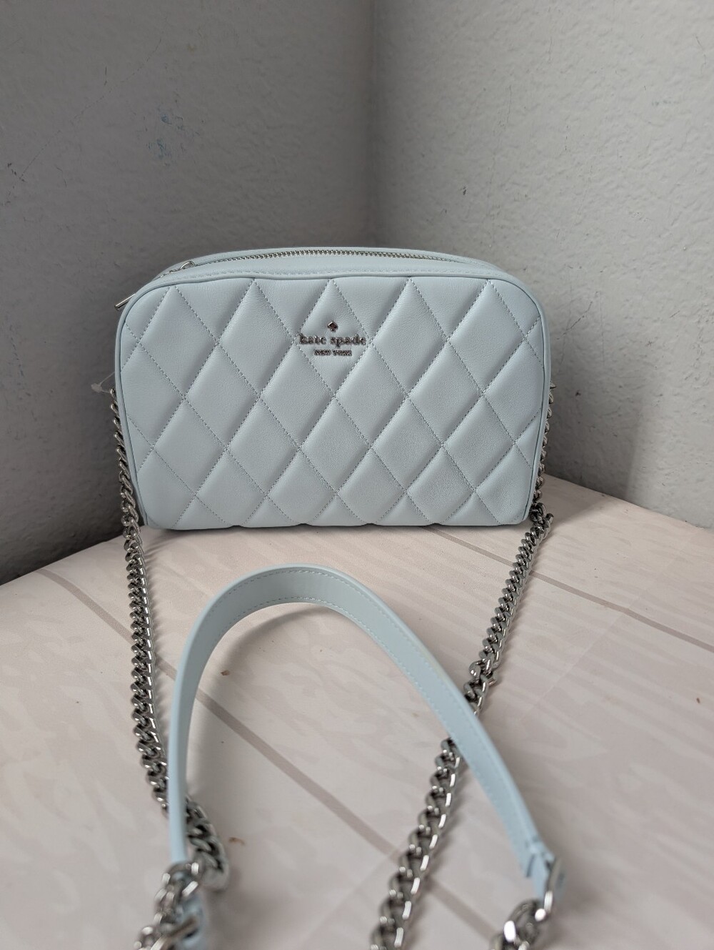 NWT Kate Spade KG425 Carey Quilted Leather Mini Camera Bag Crossbody Crisp Sky